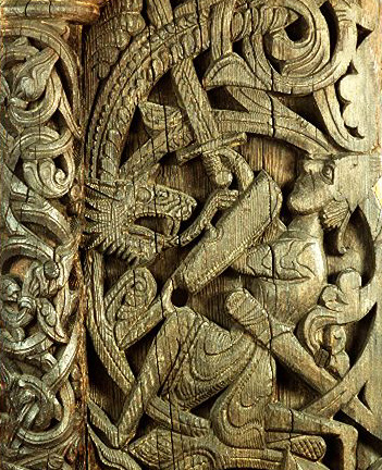 Norse period carving from Hylestad stave church from the 12th century. On display at the Museum of Cultural History in Oslo. Copyright All rights reserved by brianjmatis