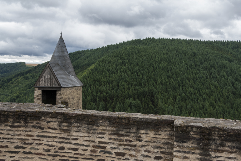 The battlements and one of the towers of Bourscheid Castle