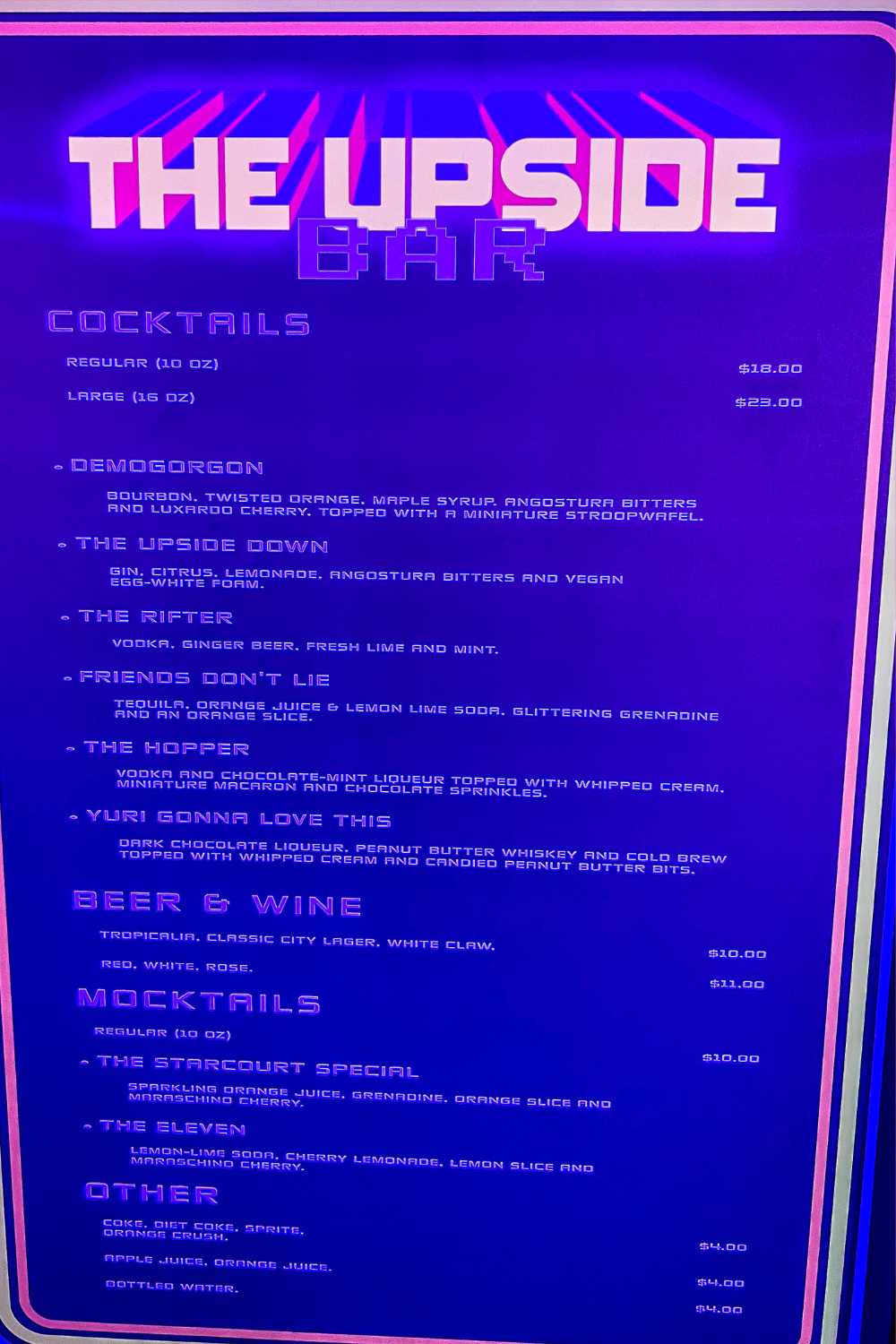 Stranger Things Experience Review, The Upside bar menu